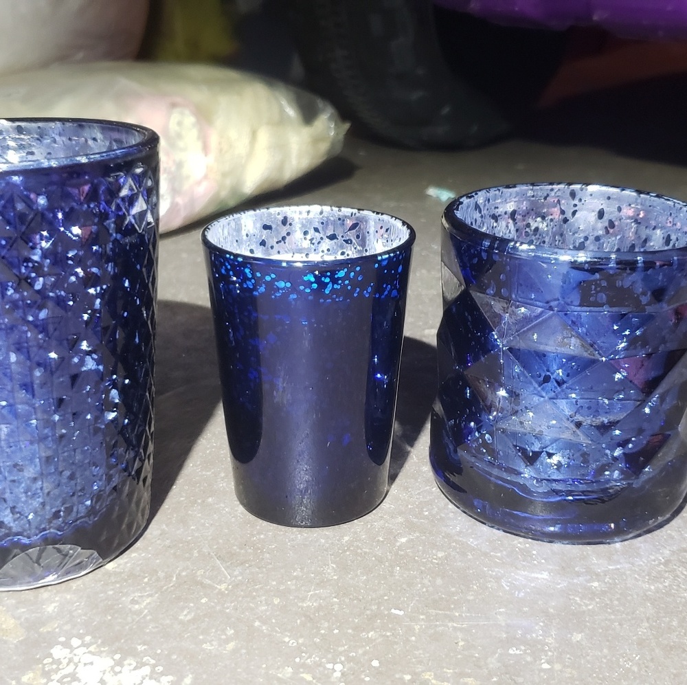 3 Blue candle holders